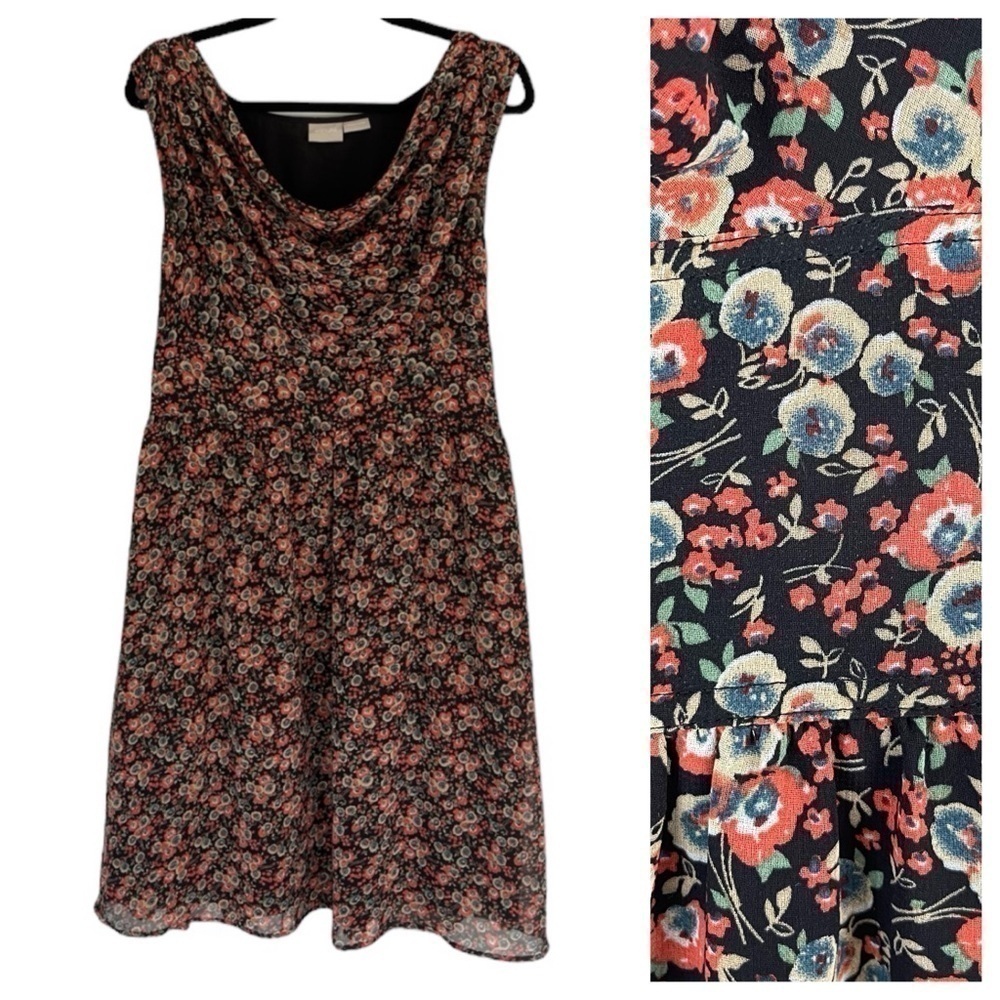 90s Floral Chiffon Cowl Neck Sleeveless Midi Dress